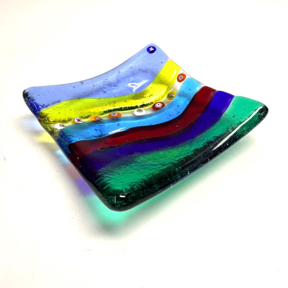 Vintage Murano Style Art Studio Fused Glass Trinket Dish Striped Millefiori